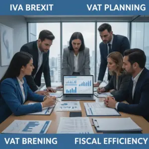 Documentos, gráficos financeiros e a bandeira do Reino Unido, simbolizando o impacto do IVA Brexit nas transações fiscais. Ajuda em impostos.
