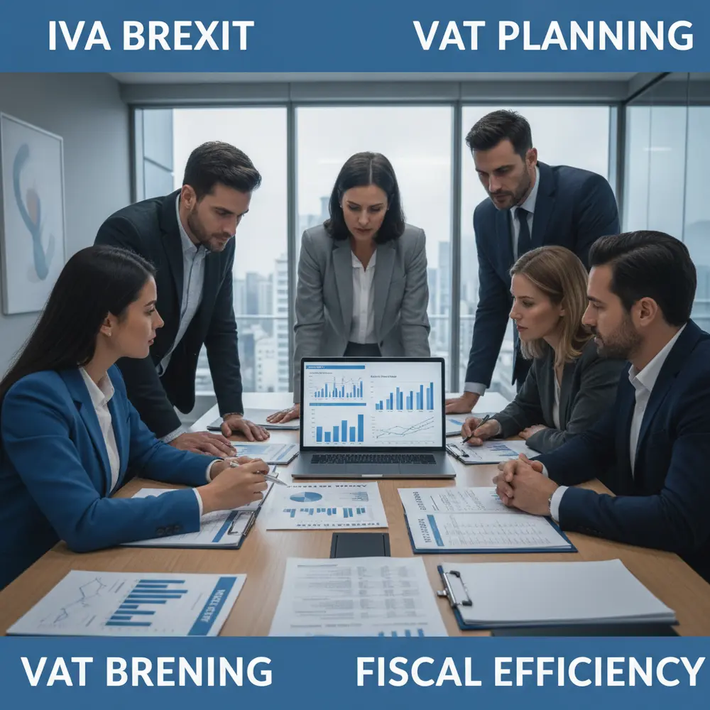 Documentos, gráficos financeiros e a bandeira do Reino Unido, simbolizando o impacto do IVA Brexit nas transações fiscais. Ajuda em impostos.