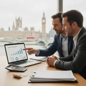 Consultoria contábil especializada para empreendedores no Reino Unido. Consultor financeiro auxiliando um cliente.