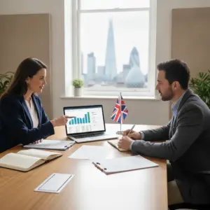 Ilustração de uma pessoa analisando documentos e um gráfico de crescimento, simbolizando o processo de abrir empresa UK com sucesso.