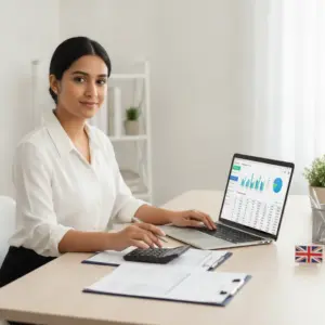 Pessoa organizando documentos financeiros e usando calculadora, ilustrando o bookkeeping para Abrir empresa UK.